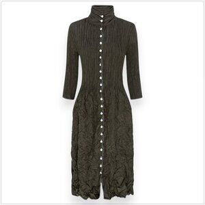Alquema Contrast Nehru Coat Dress Olive Green White Stitching Button Front S - M